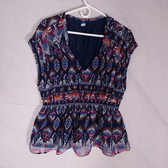 Old Navy Womens Lined Ruched Waist Ikat Peplum Top Size L Boho Festival Pullover - Picture 9 of 12